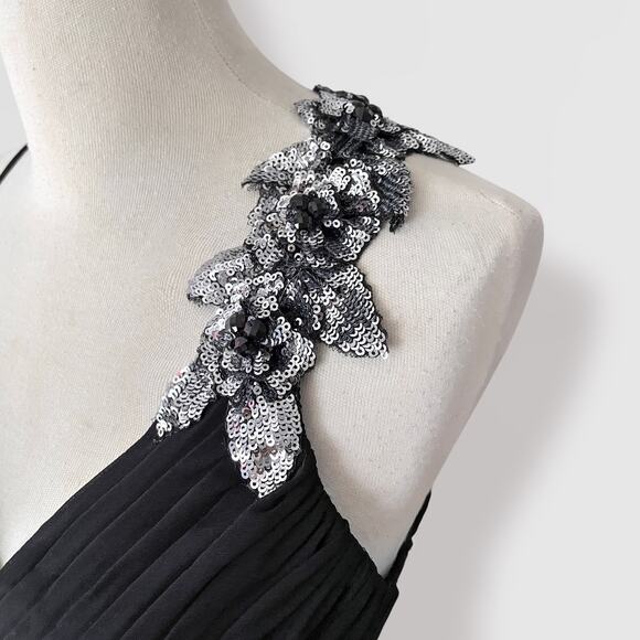 Black Embellished Gown A-Line Maxi Dress 6 Sequin One Shoulder Prom Bridesmaid - Picture 6 of 9